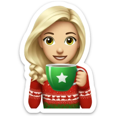 Short haired blonde girl with green eyes drinking coffee wearing Christmas sweater sticker