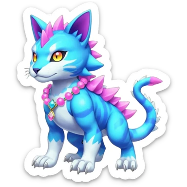 Colorful neon glowing abyssal garurumon-purloin-feline-Fakemon-Digimon-creature wearing a cool casual fashionable aesthetic clothes and accessories and jewelries and apparels fursona (full body)  sticker
