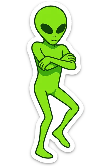 Edit the alien dancing neon green image to have crossed arms and a slightly changed pose for animation frame 3. Keep it almost identical to the reference with a transparent background. sticker