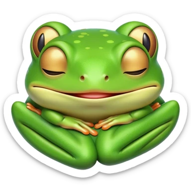 Meme-Worthy Cute Sleeping Green Tree Frog Portrait Emoji, Head resting peacefully with a contented smile, showcasing a compact, vividly green body with softly closed, serene eyes, Simplified yet adorably endearing features, highly detailed, glowing with a soft, drowsy jungle light, high shine, relaxed and utterly lovable, stylized with an air of playful laziness, soft glowing outline, capturing the essence of a sleeping green tree frog that feels destined to become the next viral icon of adorable rest! sticker