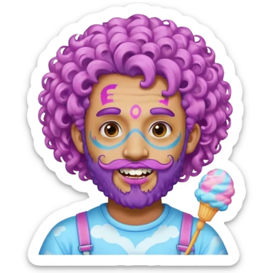 very colorful puffy violet curly haired man beard made out of cotton candy wearing teeth-braces and excessive face tattoos just face  sticker