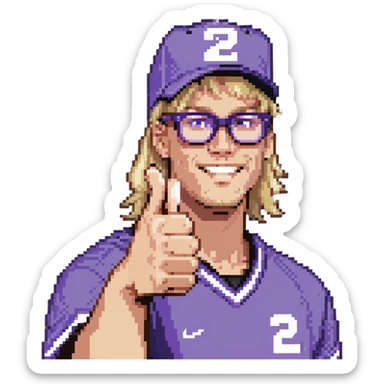 Man with black and white cap, purple sports jersey with number 32, clear glasses, light blond mullet hairstyle, thumbs up gesture sticker