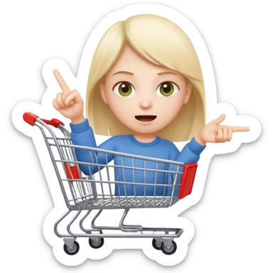 impulsive shopper: tiny face with excited eyes, finger on ‘buy’ button, small fast shopping cart with motion lines sticker