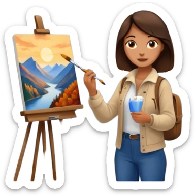 Brunette Artist painting a beautiful autumn mountain peak destination on canvas sticker