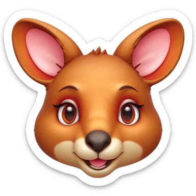 Cinematic Cute Kangaroo Portrait Emoji, Head tilted playfully and inquisitively, featuring a glossy red-orange fur with soft, rounded ears and round, sparkling amber eyes full of curious mischief, Simplified yet irresistibly adorable features, highly detailed, glowing with a warm, friendly glow, high shine, affectionate and bouncy, stylized with a touch of outback whimsy, bright and endearing, soft glowing outline, capturing the essence of a mischievous yet loving kangaroo, so playful it feels like it could hop out of the screen and into your arms! sticker