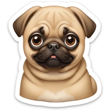 Cinematic Cute Fawn Pug Portrait Emoji, Head tilted playfully and inquisitively, featuring a smooth fawn coat with a subtle sheen, round, sparkling dark eyes filled with curiosity, Simplified yet irresistibly adorable features, highly detailed, glowing with a warm, friendly glow, high shine, affectionate and lively, stylized with a touch of whimsy, bright and endearing, soft glowing outline, capturing the essence of a mischievous yet loving pup, so playful it feels like it could bounce out of the screen and into your arms! sticker
