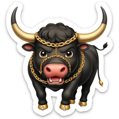 The emoji is an angry black powerful bull with steam coming out of its nose and a gold chain hanging from its neck with the inscription "bull run" sticker