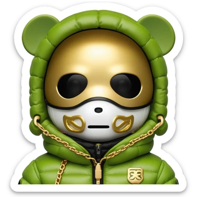 bearbrick in lime balaclava with logos where eye section is a single continuous dark visor lens integrated directly into the mask fabric, not additional eyewear, luxury puffy jacket with fur, gold chains sticker