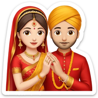 Two hands in a engagement..One hand of groom and one hand of bride. Bride hand - red/yellow saree. groom- light orange punjabi (oonly hands will be visible in the image). Groom's hand is holding a ring and bride's hand will be wearing the ring.*ONLY HANDS WILL BE VISIBLE IN THE IMAGE* sticker