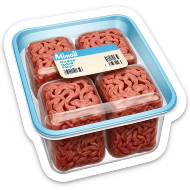 A 3D cartoon pack of minced meat wrapped in transparent plastic, supermarket-style packaging, top angle, Memoji-style. sticker