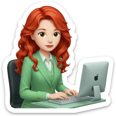 Red long wavy hair lady with a light green suit typing in a computer sticker