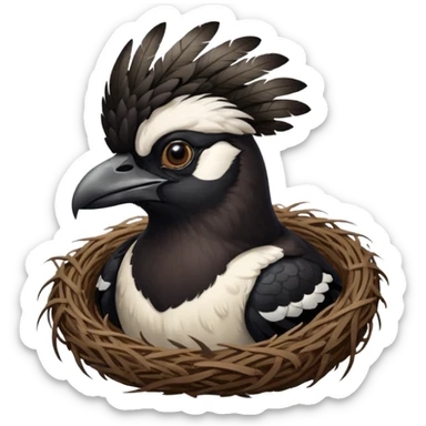A man who has hair on the top of his head, that is actually an Australian Magpie, birds nest. sticker