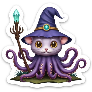 a cat that looks like a wizard that is half monster half octopus holding a rat looking super scary and mysterious with forest background nighttime sky sticker