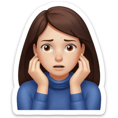 Brunette girl with freckles with her hands around her neck in frustration  sticker