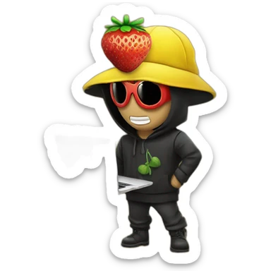 a guy with a strawberry head wearing a thief's outfit, he's in front of a laptop with a mask over his eyes and a thief's cap, on his back he has a yellow thug bag with a dollard sign on it. sticker