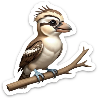 cinematic-kookaburra-realistic-full-body-perched-emoji,-compact-sturdy-frame-balanced-on-a-weathered-branch,-brown-and-white-feathered-wings-folded-neatly,-bold-striped-face-with-a-mischievous-glint-in-its-eye,-massive-sharp-beak-slightly-open-as-if-ready-to-laugh,-simplified-yet-realistic-focused-features,-highly-detailed,-glowing-with-a-warm-golden-light sticker