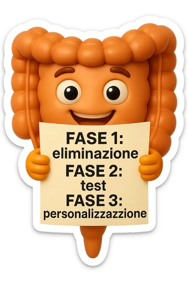 emoji stile iphone 3d di un intestino che tiene in mano un foglio con la scritta "FASE 1: eliminazione, FASE 2: test, FASE 3: personalizzazione, IPERREALISTICO 4K sticker