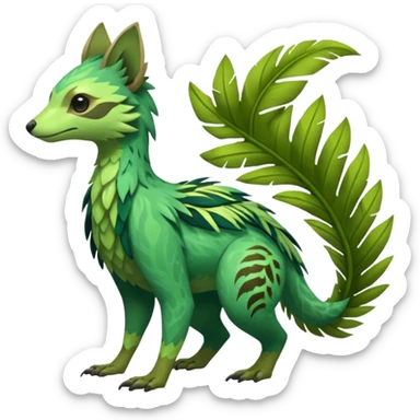  Tropical feathery shamanic cultural Greenish beautiful handsome gorgeous aesthetic colorful vibrant Vernid-Trico-species-Fakemon-creature by LiLaiRa, 4 legs, 1 tail, random markings, (full body) sticker