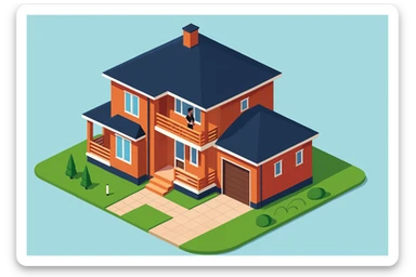 isometric illustration of the building. 3D isometric infographic design. Clean lines, bright and saturated colors, minimal unnecessary details. View from above at an angle (isometric), showing the roof, facade, and part of the surrounding area. Soft shadows, daylight lighting, no harsh contrasts. Background should be solid (blue, gray, or light tone). Add a small area around the building (roads, tiles, grass) so the building looks complete. Accurately represent the architectural features of the building (roof shape, facade, colors). Final style should be neat and polished, similar to posters or educational infographics. sticker