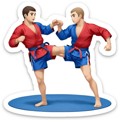 Two Sambo fighters in blue and red kimonos, with shorts and wrestling shoes, performing grappling and throwing techniques. The background shows a wrestling mat and an intense, focused atmosphere. Transparent background highlights the fluidity and skill of the sport without strikes. sticker