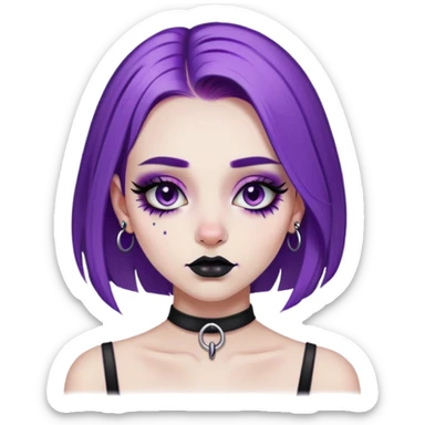girl with purple hair, black septum piercing, black bridge piercing, eyeliner, lashes sticker