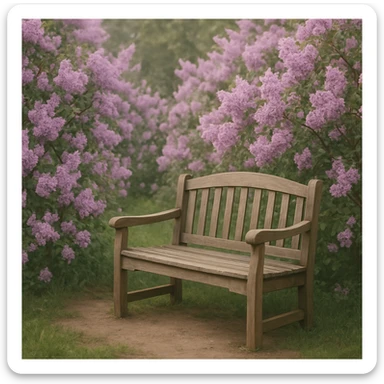 A wooden bench surrounded by blooming lilac flowers, springtime, gentle atmosphere, no people, focus on flowers and bench sticker