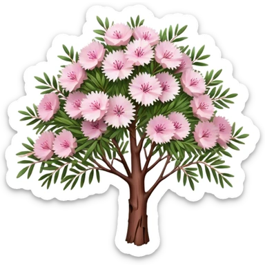 Cinematic Realistic Melaleuca Emoji, Elegant and resilient, with peeling, papery bark and delicate, needle-like leaves. The tree stands tall and graceful, with clusters of white and pink flowers dotting the branches. Soft glowing outline, capturing the essence of natural elegance and resilience in a beautiful melaleuca tree! sticker