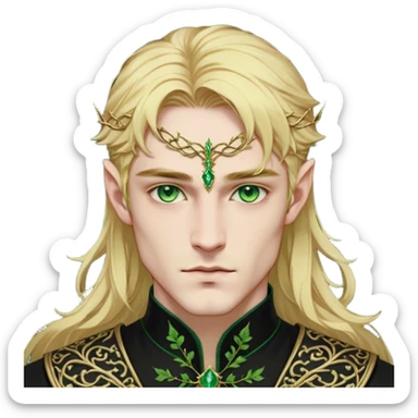 A golden-haired High Fae male with striking emerald-green eyes, his features sharp and aristocratic. He wears a deep black tunic embroidered with green ivy-like patterns, symbolizing his connection to nature. Though his broad frame and strong jawline exude power, there is a weight behind his eyes—something restrained, something broken. sticker