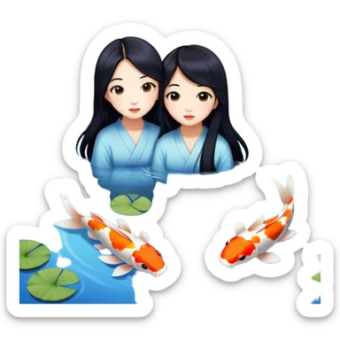 two asian girls long hair koi pond sticker