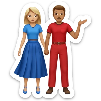 Two people dancing. Man in red shirt and  red pants with brown hair. Women in blue shirt and long skirt with blond hair. Having fun. sticker