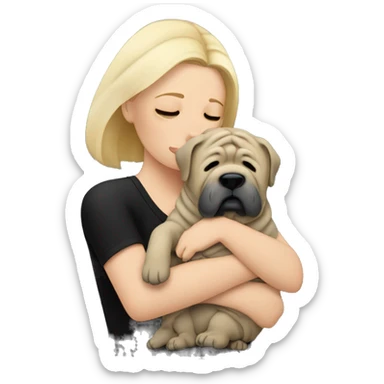 Blonde woman in black top crying and cuddling grey Shar Pei  sticker