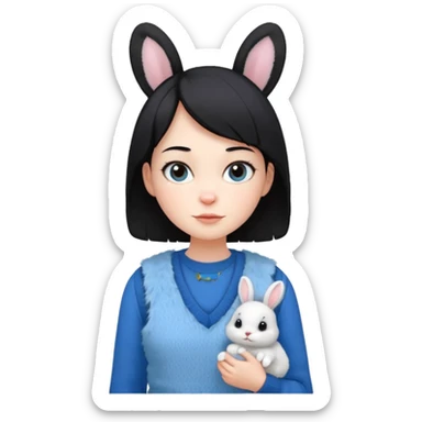 make a girl hair short black and wear bunny skin pale ok and wear Sweater vests blue and make little bit a younger sticker