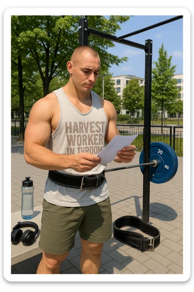 un uomo prepara con cura il suo set di pesi e la cintura per streetlifting, controllando una lista di esercizi e ripetizioni scritta su un foglio. Accanto a lui, una borraccia e delle cuffie. L’espressione è serena e sicura, a sottolineare l’importanza della programmazione per un allenamento efficace. Lo sfondo è un’area fitness urbana, pulita e ben attrezzata. sticker