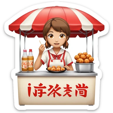 Japanese high school girl at cultural festival running food stall with takoyaki sticker