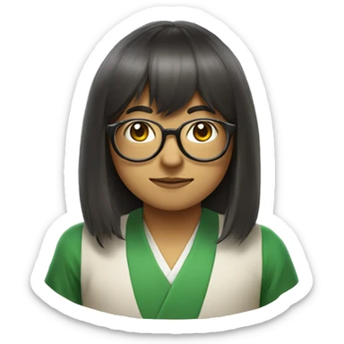 A Brazilian nerd with a mystical Japanese vibe, wearing round glasses and medium-length hair with bangs. The character should have a thoughtful or intelligent expression, reflecting a fusion of Brazilian and Japanese culture. sticker