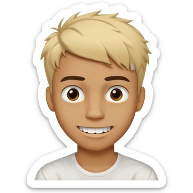 Short buzz, messy blonde hair. Dark brown bushy eyebrows large expressive golden-brown eyes, wearing a plain white t-shirt. Crooked grin showing imperfect teeth, one side raised higher than the other, grin with asymmetrical smile. Male Teenager. Brown skin color.  sticker