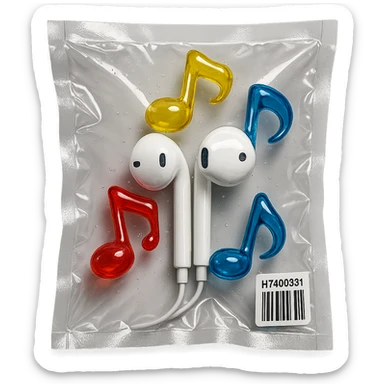 pair of white EarPods with three floating transparent glass music notes in primary colors, glossy and inflated, vacuum-sealed style sticker