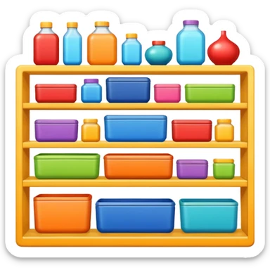 "Each product is stocked in multiple units placed directly behind one another on the same shelf, forming deep horizontal lines of identical items, while different product types are arranged vertically in separate columns." sticker