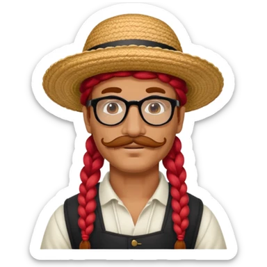 venice gondolier with long red braided hair, iconic hat, normal glassess and mustache sticker