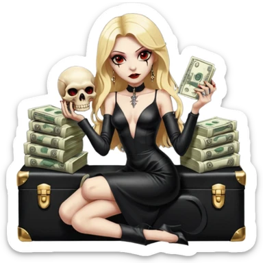 Lilith symbol red eye seductress evil shoulder length blonde haired sexy succubus woman with leather long dress with slit, sitting on a case of gold and cash. Black Platform high heels on feet. Tattoo sleeve arms, seat full of stacks of cash,  dead human skull of her enemies in her other hand sticker