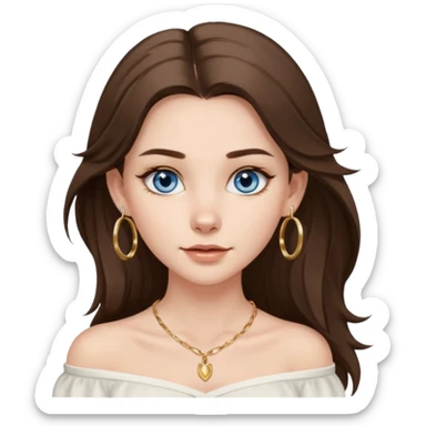 A pretty white girl with brunette hair blue eyes  thin gold hoop earrings and a matching gold necklace in a white shirt that cuts off the shoulders her hair is long and she has a wolf cut sticker