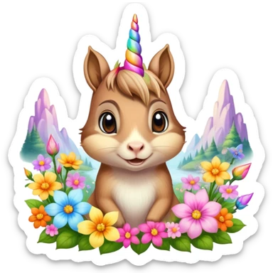 Picture of a chipmunk and very pretty unicorn in mystical land sticker