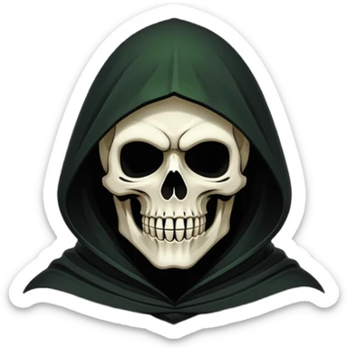 Icon of the Grim Reaper's face. His skull is stylized, his hood is tattered. He is [например: winking with a sly grin]. Clean, flat vector art, high contrast. Stylized as a modern logo or a medieval woodcut. Strictly black and white with one accent color like dark moss green or deep crimson.  sticker