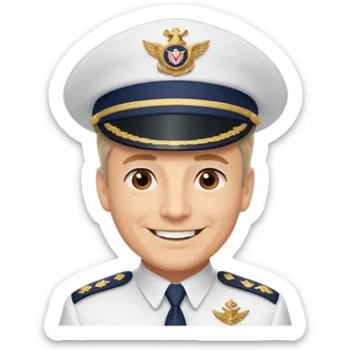 A light-skinned mid-aged man with brown eyes, smiling while wearing a white captain’s hat with a navy emblem. sticker