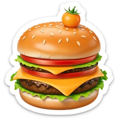 A cute 3D emoji-style burger with glossy finish, shiny bun with sesame seeds, melted cheese, fresh lettuce, smooth cartoon design, soft lighting, clean background, high-quality modern emoji look. sticker