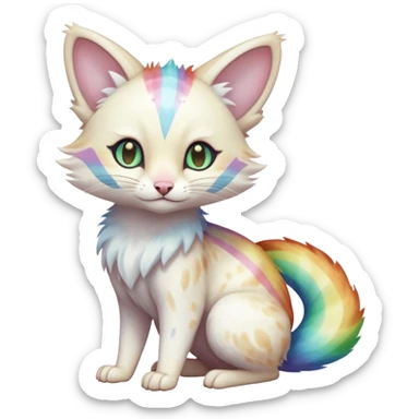  cute adorable white albino fur with random colorful iridescent rainbow markings beautiful elegant pretty precious cute  Fakémon-Pokémon-alien-opossum-feline-serval-caracal-chinchilla-Minccino-hybrid-creature with a big fluffy bushy striped tail (full body) sticker