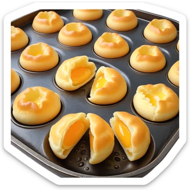 3D rendered authentic Hong Kong egg puffs (港式鸡蛋仔) being made in traditional iron mold, half-open showing bubble formation, golden batter, hyper-realistic texture sticker