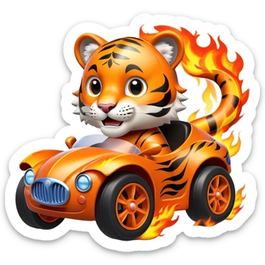 cute tiger in toy hot wheel car with THE CAR wheels are on fire sticker
