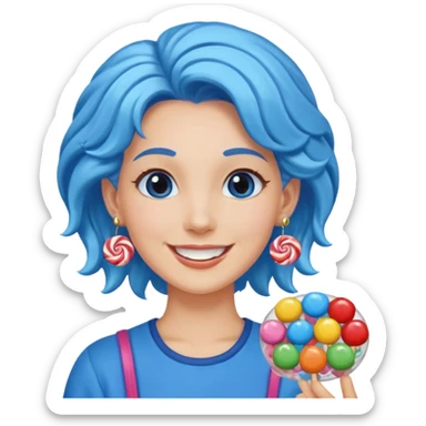 candy shop vendor, looking like candy with candy earrings and candy hair with big smile and blue sticker