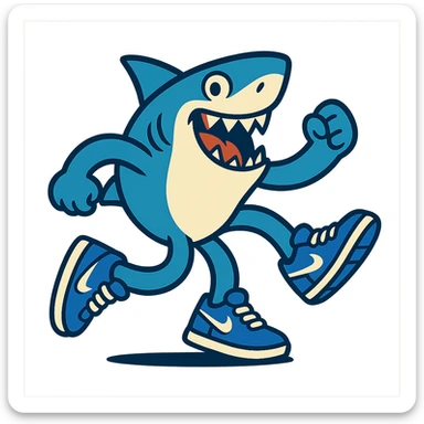 a cartoon shark with three legs, all in blue Nike sneakers, energetic pose sticker